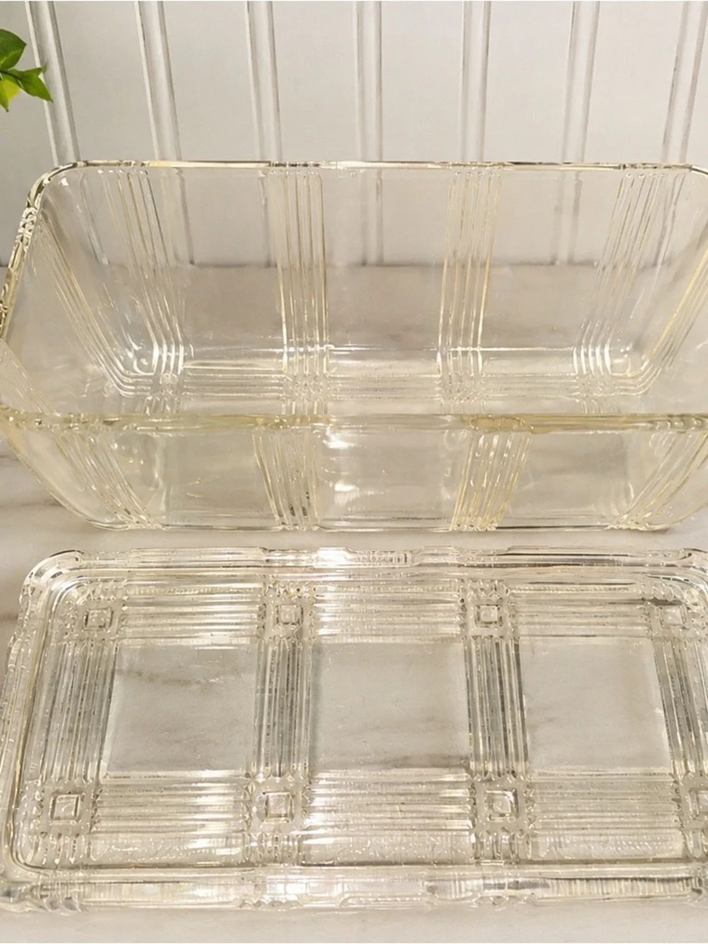 Vintage Clear Pressed Glass Refrigerator Dish With Lid Art Deco Geometric